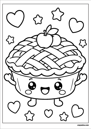 Cute kawaii apple pie with a smiling face coloring page.
