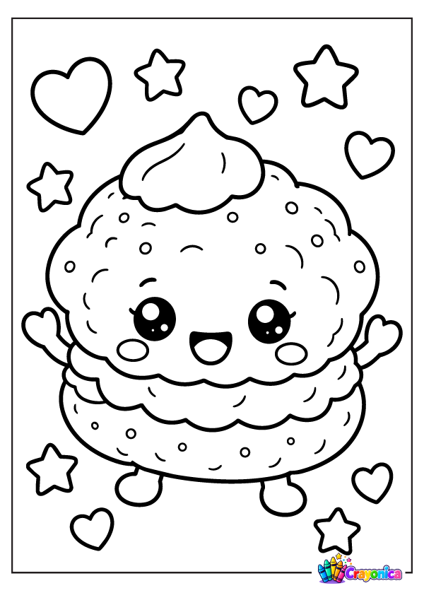 Cute smiling cream puff with a fluffy top, creamy filling, tiny arms and feet, and floating hearts and stars.