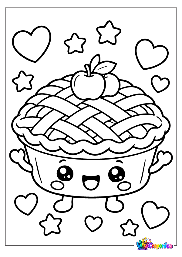 Enjoy a Cute Apple Pie Coloring Page with a smiling pie, a pretty lattice crust, and a little apple topping for a sweet coloring adventure.