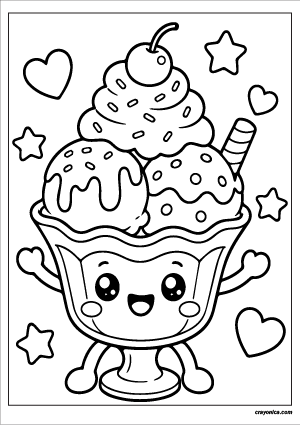 Cute kawaii ice cream sundae with a smiling face coloring page.