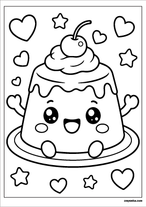 Cute kawaii pudding with a smiling face coloring page.