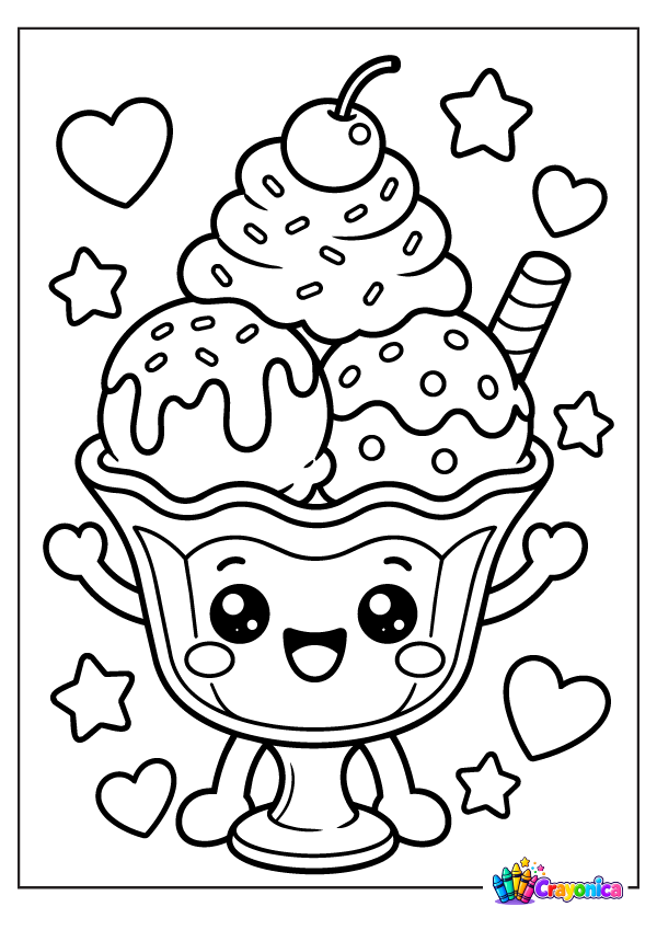 Meet a Cute Sundae Coloring Page with scoops of ice cream, chocolate sauce, sprinkles, and a cherry on top for a delicious coloring adventure.