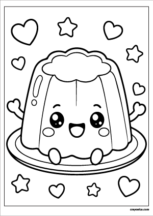 Cute kawaii jelly dessert with a smiling face coloring page.