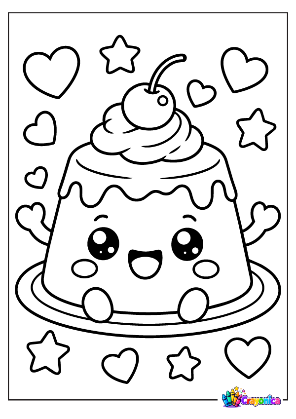 Meet a Cute Pudding Coloring Page with a smiling dessert, creamy topping, a cherry, and adorable hearts and stars for a sweet coloring adventure.