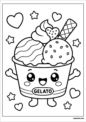 Cute kawaii gelato in a dessert cup with a smiling face coloring page.