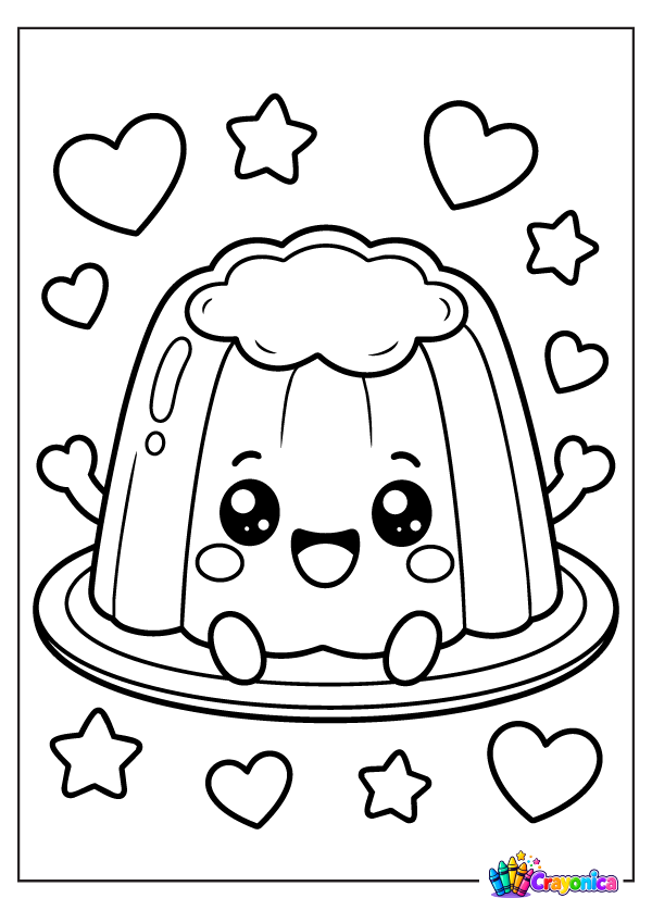 Cute smiling jelly dessert with a wavy molded shape, fluffy topping, tiny arms and feet, and floating hearts and stars.