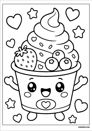 Cute kawaii frozen yogurt in a dessert cup with a smiling face coloring page.