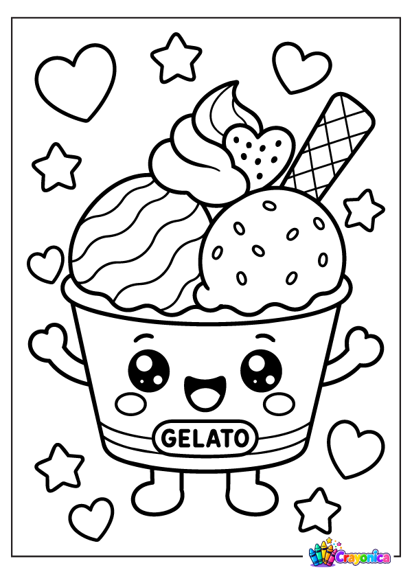 Cute smiling gelato dessert in a cup with two scoops, whipped cream, a strawberry, a waffle wafer, hearts, and stars.