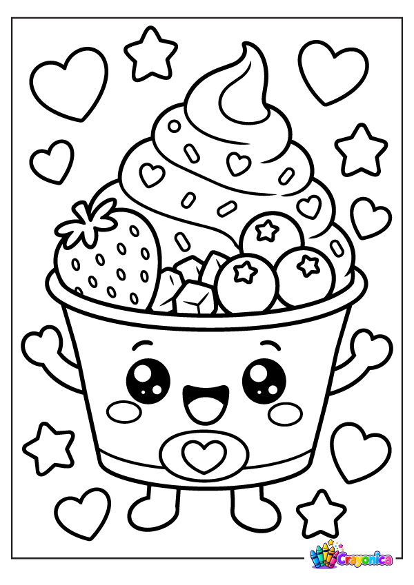 Cute smiling frozen yogurt cup topped with a swirl of yogurt, strawberries, blueberries, hearts, and stars.