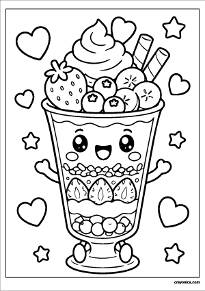 Cute kawaii fruit parfait in a tall dessert glass with a smiling face coloring page.