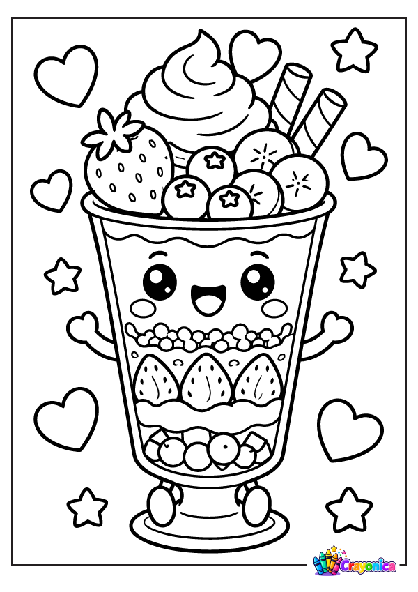 Enjoy a Cute Parfait Coloring Page with creamy layers, fresh fruit, whipped cream, and a cheerful face for a delicious coloring adventure.