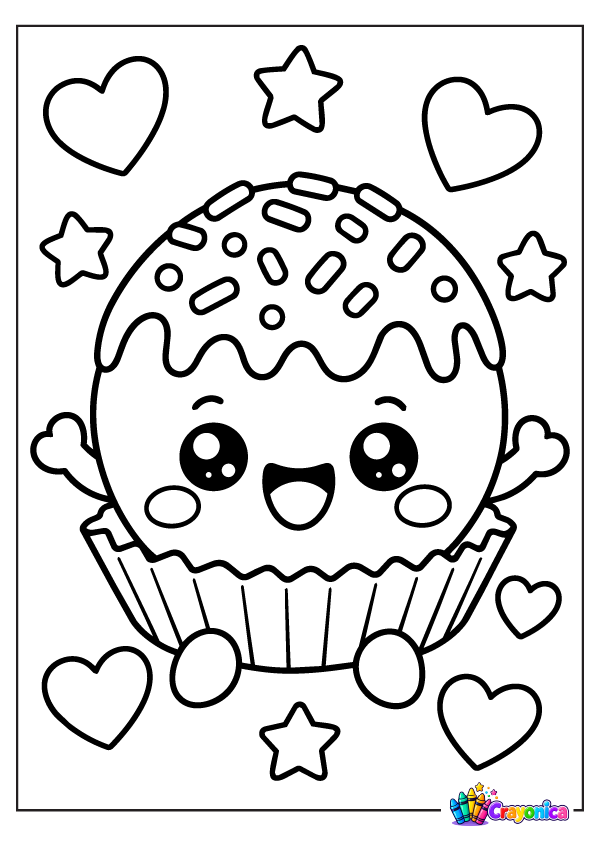 Cute smiling chocolate truffle with wavy icing, tiny arms and feet, sprinkle decorations, and floating hearts and stars.