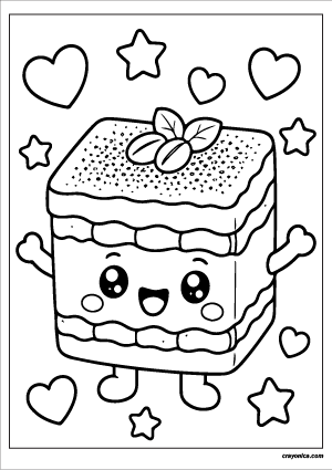 Cute kawaii tiramisu dessert with a smiling face coloring page.