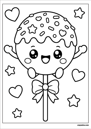 Cute kawaii cake pop with a smiling face coloring page.