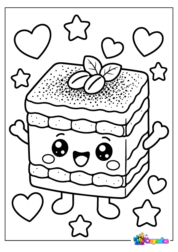 Cute smiling tiramisu dessert with layered cake and cream, cocoa powder on top, and a strawberry garnish surrounded by hearts and stars.