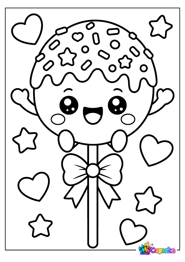 Cute smiling cake pop on a stick with drippy icing, colorful sprinkles to imagine, a decorative bow, and floating hearts and stars.