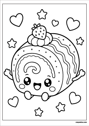 Cute kawaii Swiss roll cake with a smiling face coloring page.
