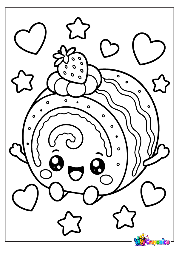 Cute smiling Swiss roll cake with a spiral cream center, wavy outer layers, a strawberry garnish, tiny arms and feet, hearts, and stars.