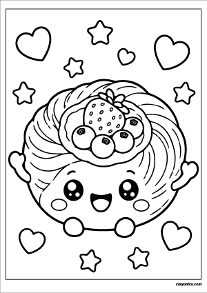 Cute kawaii Danish pastry with a smiling face coloring page.