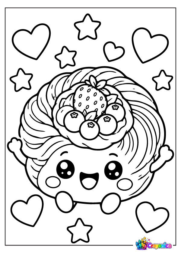 Cute smiling Danish pastry with flaky curved layers, a strawberry and round fruit toppings, tiny arms and feet, hearts, and stars.