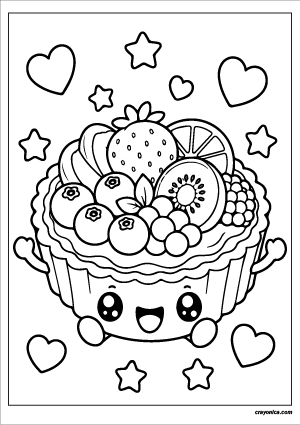 Cute kawaii fruit tart with a smiling face coloring page.