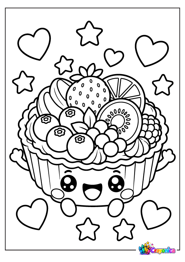 Cute smiling fruit tart in a fluted pastry shell topped with strawberries, citrus slices, blueberries, and other fruit, surrounded by hearts and stars.