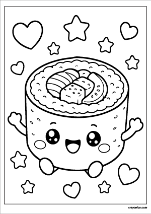Cute kawaii sushi roll with a smiling face coloring page.