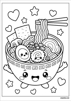 Cute kawaii ramen bowl with a smiling face coloring page.