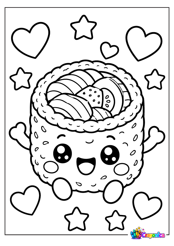 Enjoy a Cute Sushi Coloring Page with a smiling sushi roll, tasty-looking fillings, and playful hearts and stars for a fun food coloring adventure.