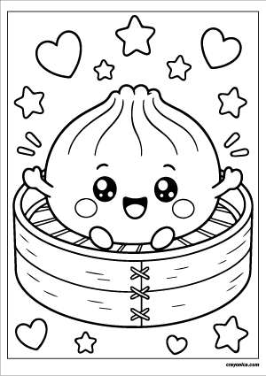 Cute kawaii dumpling with a smiling face coloring page.