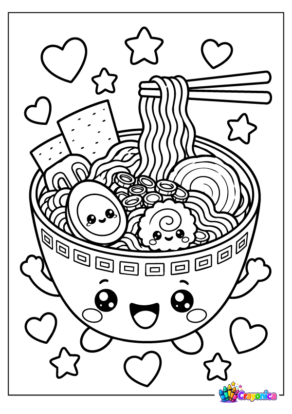 Enjoy a Cute Ramen Coloring Page with curly noodles, tasty toppings, chopsticks, and a smiling bowl for a fun and creative food coloring adventure.