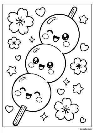 Cute kawaii dango on a skewer with smiling faces coloring page.