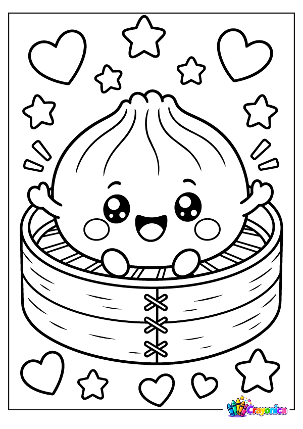 Cute smiling steamed dumpling with pleated folds sitting in a round bamboo steamer basket, surrounded by hearts and stars.