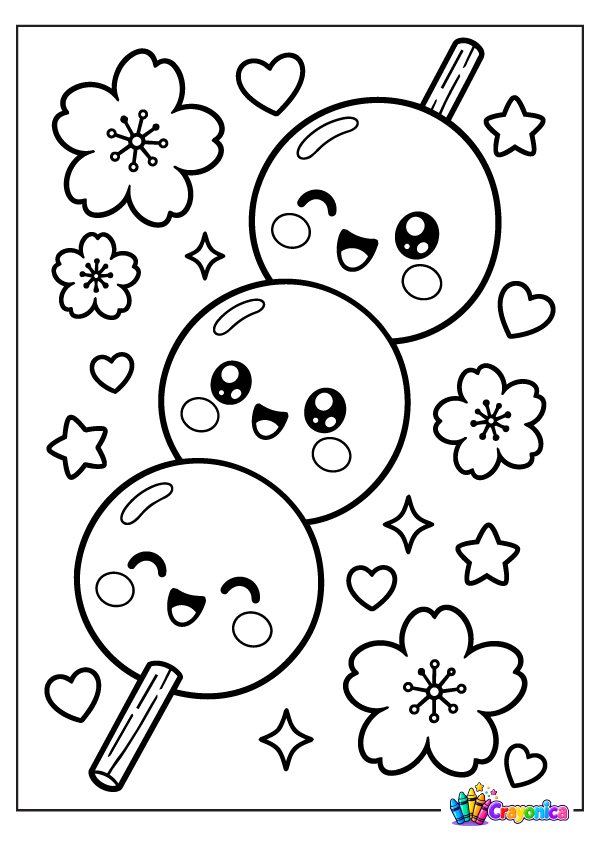 Cute dango coloring page with three smiling round rice dumplings on a stick, decorated with flowers, hearts, and stars.