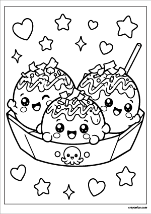 Cute kawaii takoyaki with smiling faces coloring page.