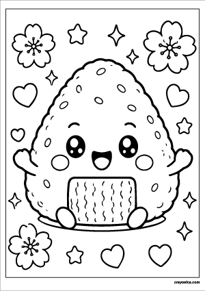 Cute kawaii onigiri rice ball with a smiling face coloring page.