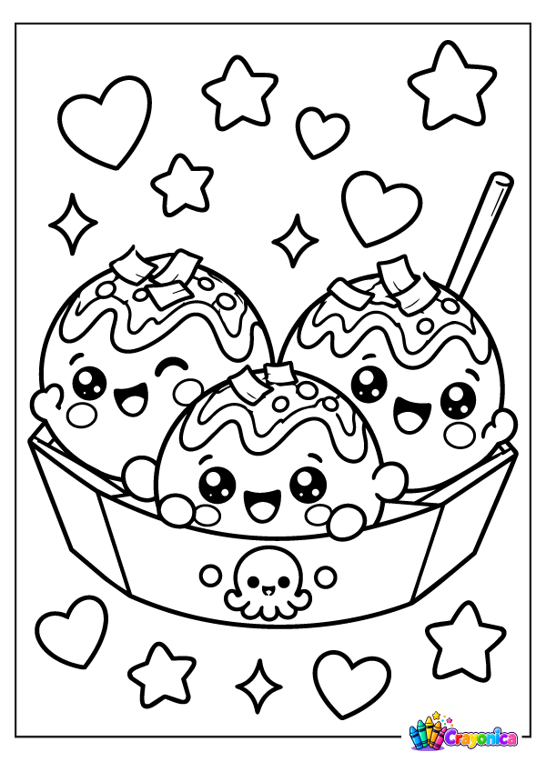 Cute takoyaki coloring page showing three smiling Japanese octopus balls topped with sauce and flakes in a serving tray, surrounded by hearts and stars.