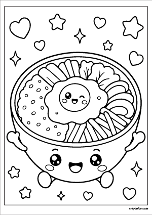 Cute kawaii bibimbap bowl with a smiling face coloring page.