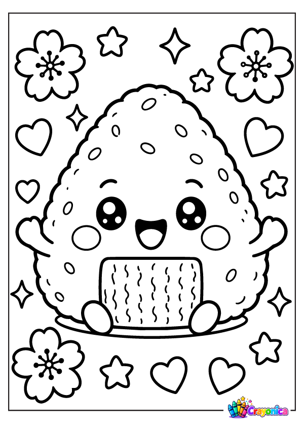 Enjoy a Cute Onigiri Coloring Page featuring a smiling Japanese rice ball with a seaweed wrapper, tiny details, and cheerful flowers, hearts, and stars.