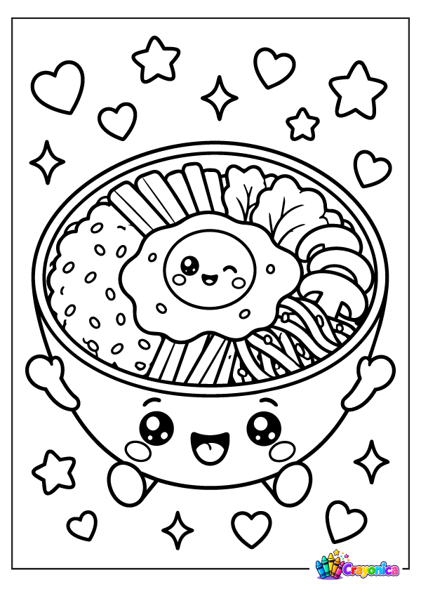 Cute smiling bibimbap bowl filled with rice, a sunny-side-up egg, sliced vegetables, and other toppings, surrounded by hearts and stars.