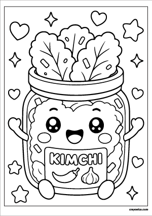 Cute kawaii kimchi jar with a smiling face coloring page.
