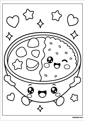 Cute kawaii curry rice plate with a smiling face coloring page.
