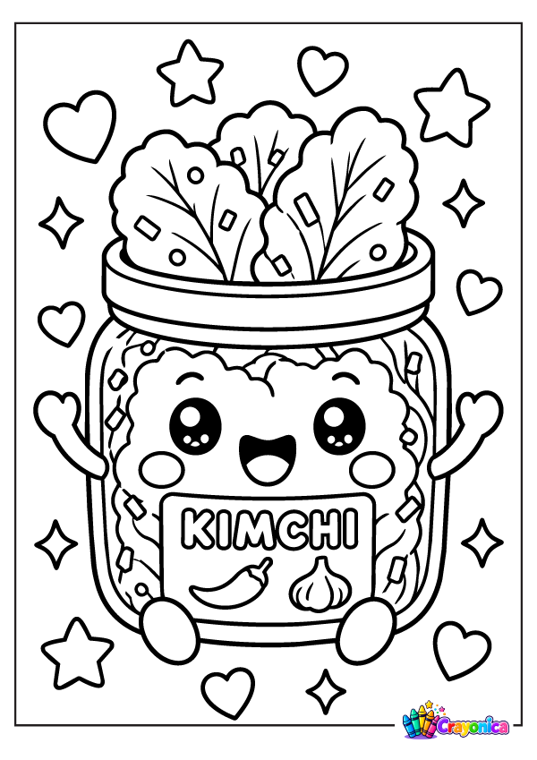 Cute smiling kimchi jar filled with cabbage leaves, featuring a label, tiny feet, waving arms, and decorative hearts and stars.