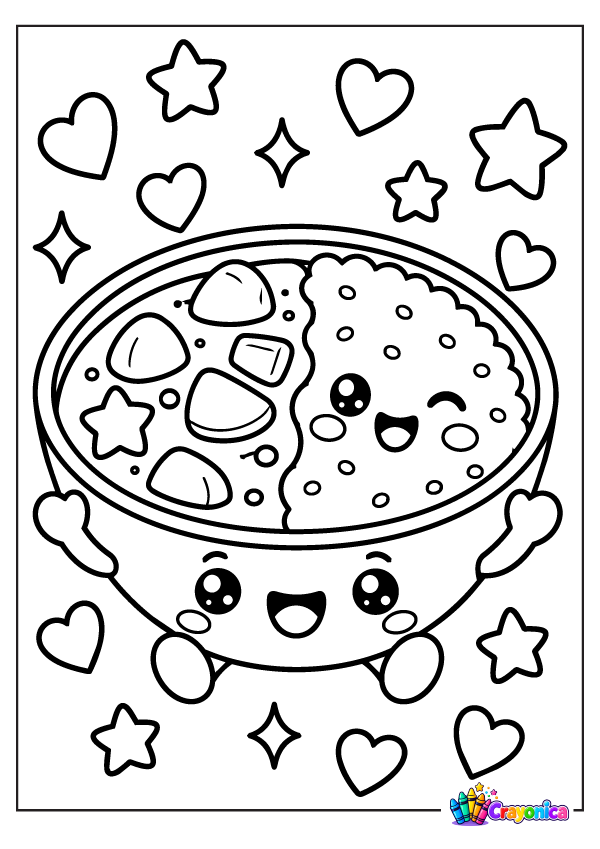 Have fun with a Cute Curry Rice Coloring Page featuring a smiling bowl of rice and curry, tasty toppings, and playful details for little artists.