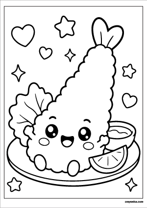 Cute kawaii shrimp tempura with a smiling face coloring page.