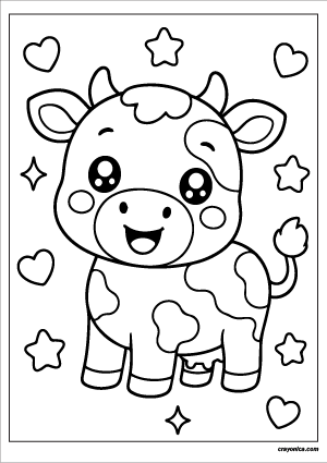 Cute kawaii cow with a smiling face coloring page.