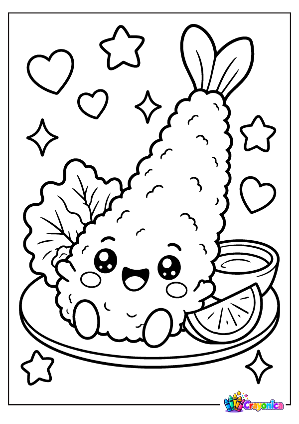 Cute smiling shrimp tempura on a plate with a small dipping sauce bowl and lemon slice, surrounded by hearts and stars.