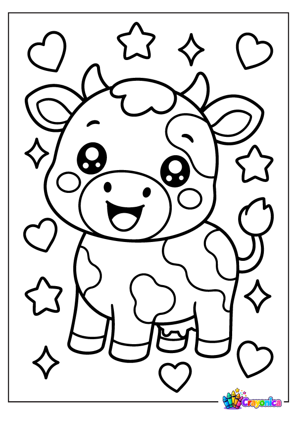 Cute smiling cartoon cow with floppy ears, small horns, a tuft of hair, body spots, and a raised tail, surrounded by hearts and stars.