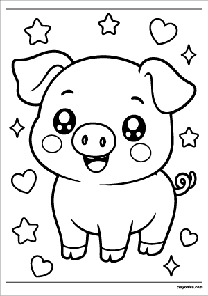 Cute kawaii pig with a smiling face coloring page.
