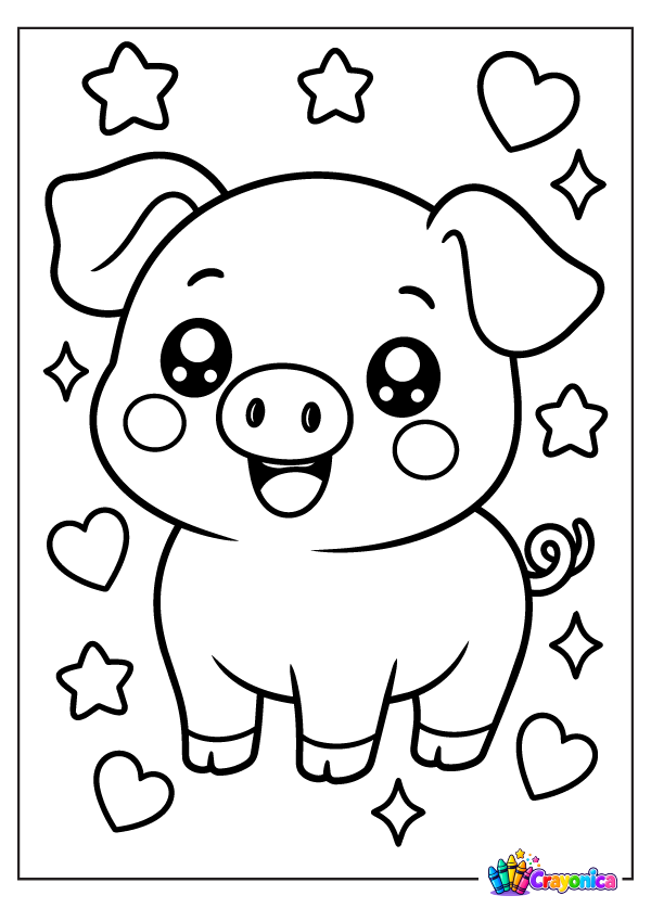 Cute smiling cartoon pig with floppy ears, a round snout, little hooves, and a curly tail, surrounded by hearts, stars, and sparkles.